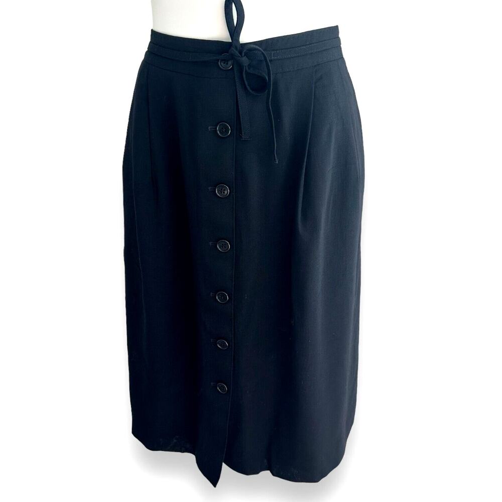 Brooks Brothers Skirt 100% Wool Black Button Front With Tie Knee Length Lined 12